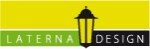 Logo mit gelbem Hintergrund und Laterne, Text: "Laterna Design" in grün und schwarz.