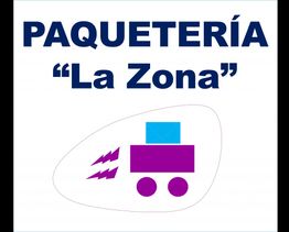 Logotipo de Paquetería "La Zona" con un ícono de camión morado y caja azul en movimiento.