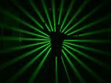 Silhouette einer Person vor grünen Laserstrahlen, die sich strahlenförmig ausbreiten.