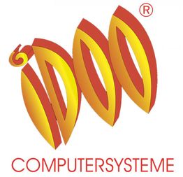 Logo mit geschwungenem Schriftzug "IDOO" in Rot und Gold, darunter der Text "COMPUTERSYSTEME".