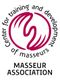 Logo der Masseur Association mit stilisiertem Symbol und Schriftzug auf Englisch.