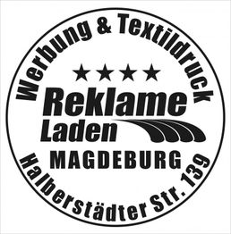 Kreisförmiges Logo mit "Reklame Laden Magdeburg" und Adresse "Halberstädter Str. 139".