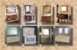 Acht Waschbeckenmodelle auf Marmorhintergrund, verschiedene Designs und Stile.