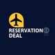 Yellow airplane icon with text "Reservation Deal" on dark background, featuring a small emblem.