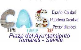 Texto con diseño creativo: uñas, abalorios, scrap. "Plaza del Ayuntamiento, Tomares, Sevilla".