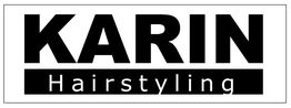 Tekstlogo van "KARIN Hairstyling" in zwarte letters op een witte achtergrond.