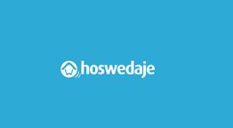 Logo de Hoswedaje en fondo azul claro, con icono de casa.