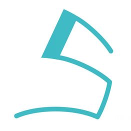 Abstraktes, türkisfarbenes Symbol auf weißem Hintergrund.