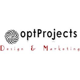 Logo mit Text "optProjects Design & Marketing", stilvolles Schriftbild und abstraktem Symbol.