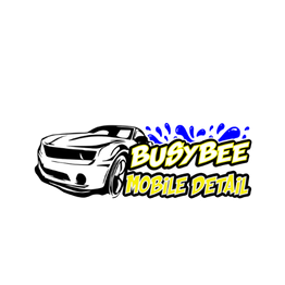 Illustrated car with "Busybee Mobile Detail" text, blue splash background.