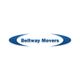 Logo of Beltway Movers with blue curved shapes surrounding the text.