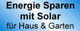 Text auf blauem Hintergrund: "Energie Sparen mit Solar für Haus & Garten".