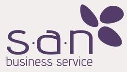Logo: "san business service" in lila, mit drei Blattformen oben rechts.