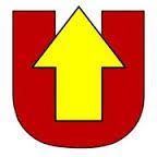 Seta amarela para cima dentro de um "U" vermelho.