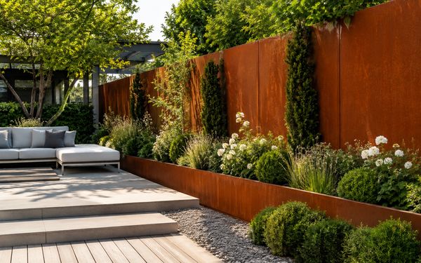 Moderner Garten mit großflächigem Sichtschutz aus Cortenstahl, üppiger Bepflanzung und heller Terrasse mit Lounge-Möbeln.