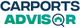 Logo reading "Carports Advisor" with a house icon inside a magnifying glass.