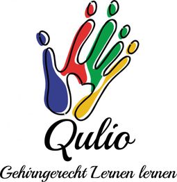 Buntes Hand-Logo mit Schriftzug "Qulio" und Slogan "Gehirngerecht Lernen lernen".