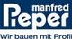 Logo mit Schriftzug "Manfred Pieper" und Slogan "Wir bauen mit Profi" auf blauem Hintergrund.
