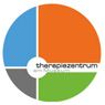 Ein Kreis mit vier Farbfeldern: Blau, Orange, Grün, Grau. Text: "therapiezentrum am flughafen".