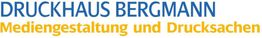 Logo mit Text "DRUCKHAUS BERGMANN, Mediengestaltung und Drucksachen" in Blau und Gelb.