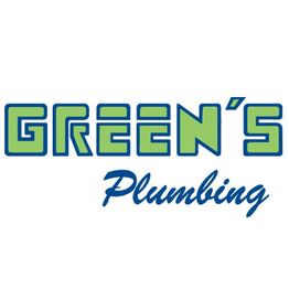 "Green's Plumbing logo with bold green text and blue cursive text on a white background."