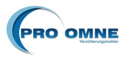 Logo mit kreisförmigem Design, Text: "PRO OMNE Versicherungs­makler" in Blau.