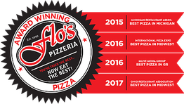 Award-winning Flo's Pizzeria logo with accolades from 2015 to 2017 for best pizza.