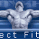 Alpha-Motiv eines muskulösen Mannes, Schrift: „BODYSHOP Perfect Fitness“, blaues Design.