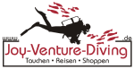 Taucher mit Fischen, Logo von Joy-Venture-Diving mit Text: "Tauchen, Reisen, Shoppen".