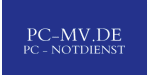 Blaues Logo mit Text: "PC-MV.DE PC - NOTDIENST" in Weiß.