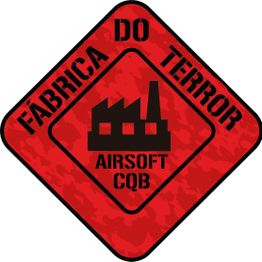 Logotipo vermelho: "Fábrica do Terror Airsoft CQB" com ícone de fábrica preto.