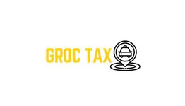 Logotipo de "GROC TAX" con icono de coche en marcador de ubicación.