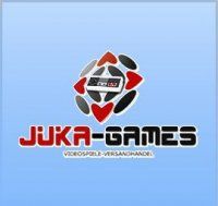 Logo von Juka-Games auf blauem Hintergrund, mit Text „Videospiele-Versandhandel“.