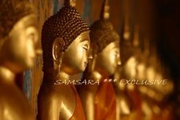 Reihe goldener Buddha-Statuen, schräg von der Seite fotografiert, mit warmem Licht beleuchtet.