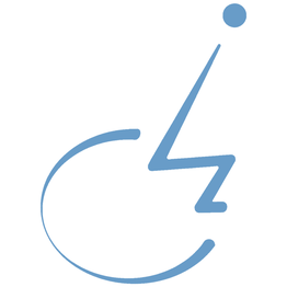 Abstraktes, blaues Symbol eines Rollstuhls auf weißem Hintergrund.