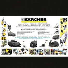 Imagen publicitaria de Kärcher mostrando diversos equipos de limpieza industrial y servicios ofrecidos.