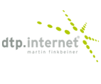 Logo mit Text: "dtp.internet martin finkbeiner" und grünen Punkten in Pfeilform.