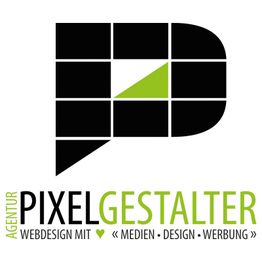 Logo der Agentur Pixelgestalter mit grünem Dreieck, Text: Webdesign, Medien, Design, Werbung.