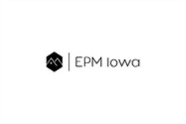 Black hexagon logo with "EPM Iowa" text on white background.