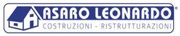Logo Asaro Leonardo: casa stilizzata e testo "Costruzioni - Ristrutturazioni" in blu.