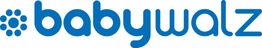Logo von Babywalz in blauer Schrift mit einem stilisierten Blumenmuster links.