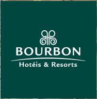 Logo da Bourbon Hotéis & Resorts em fundo verde escuro com texto e símbolo em branco.