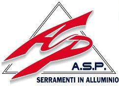 Logo di A.S.P. con scritta "Serramenti in Alluminio" e design triangolare rosso.