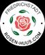 Logo mit einer roten Rose, umgeben von grünen Blättern, Text: "Friedrichstadt, Rosen-huus.com".