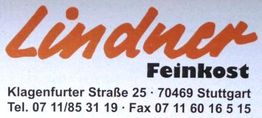 Lindner Feinkost Logo mit Adresse: Klagenfurter Straße 25, Stuttgart. Telefonnummer und Faxnummer.