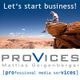 Mann auf Felsen mit Laptop, Text: "Let's start business!" und "PROVICES professional media services".
