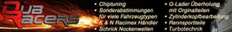 Roter Dub Racers-Schriftzug links, rechts Stichpunkte zu Fahrzeugtuning und -reparatur.