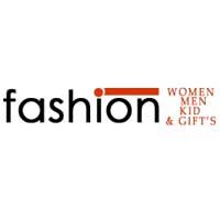 Text: "fashion WOMEN MEN KID & GIFT'S" in black and red. Simple logo design.