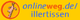 Gelbes Logo mit Text "onlineweg.de/illertissen" und einem Cartooncharakter im Kreis.