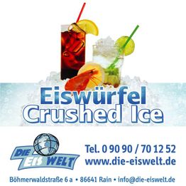 Zwei Getränke mit Eiswürfeln, Zitrone und Strohhalmen, Text: "Eiswürfel, Crushed Ice, Die EIS WELT".